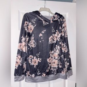 Womens blue/grey hoodie with floral accents
